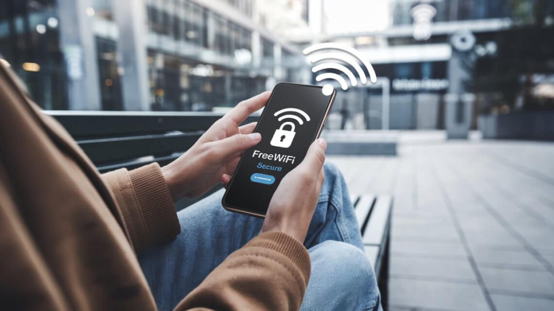 Personne tenant un smartphone affichant l'écran de connexion 'Freewifi Secure' dans un environnement urbain moderne. Des icônes indiquant 'Wi-Fi' et 'Public Hotspot' sont visibles en arrière-plan, illustrant la connexion sécurisée à un réseau public.