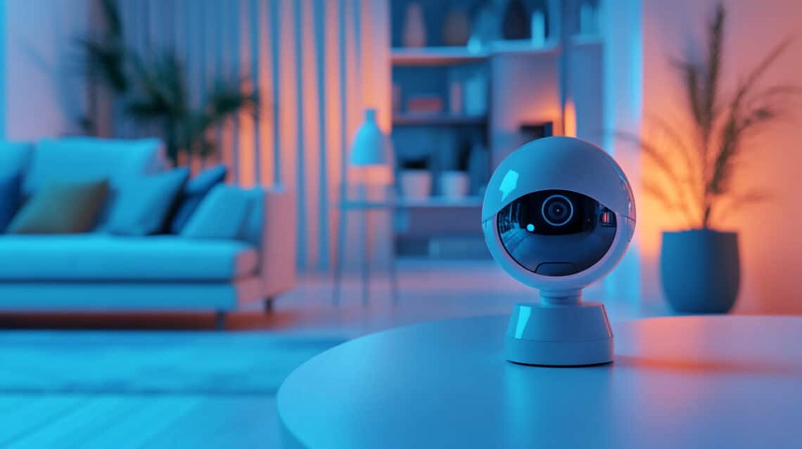 Caméra de surveillance Wi-Fi intérieure moderne et élégante, posée sur une table dans un salon lumineux et contemporain. La pièce est décorée de façon minimaliste avec un canapé confortable et des plantes en arrière-plan. L'éclairage ambiant bleu et orange crée une atmosphère chaleureuse, mettant en valeur la technologie de la caméra, conçue pour surveiller efficacement la maison.
