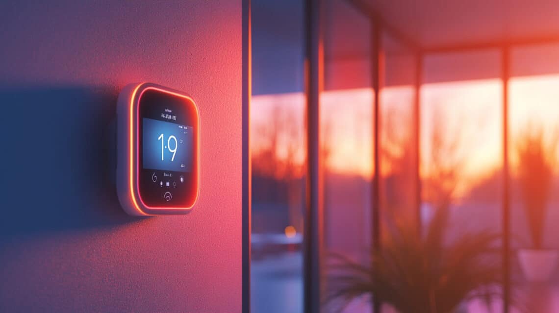 Thermostat connecté moderne fixé sur un mur, avec un écran digital affichant la température intérieure à 19°C. La pièce baigne dans une lumière chaude de coucher de soleil, créant une atmosphère confortable et accueillante, renforçant l'idée d'un intérieur connecté et écoénergétique. Les grandes fenêtres en arrière-plan laissent entrer la lumière douce, mettant en valeur l'ambiance sereine d'un salon moderne.