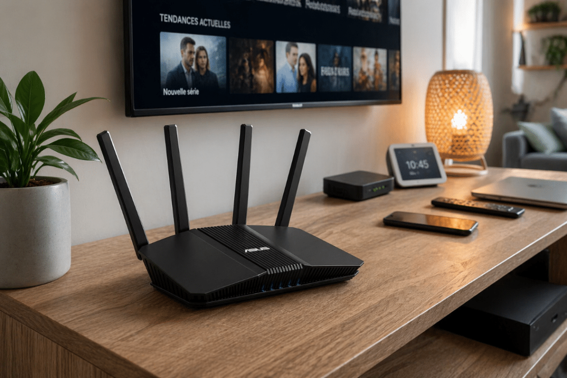 Routeur ASUS RT-BE58U V2 installé sur un meuble TV dans un salon connecté moderne