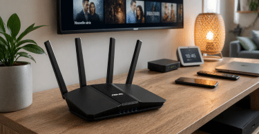 Routeur ASUS RT-BE58U V2 installé sur un meuble TV dans un salon connecté moderne