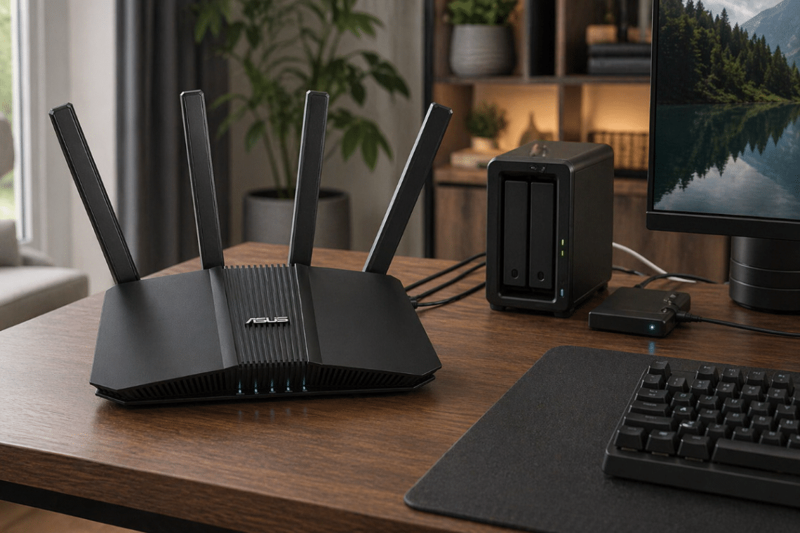 Routeur ASUS RT-BE82U installé sur un bureau domestique moderne avec NAS, écran et environnement orienté réseau local rapide