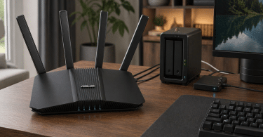 Routeur ASUS RT-BE82U installé sur un bureau domestique moderne avec NAS, écran et environnement orienté réseau local rapide