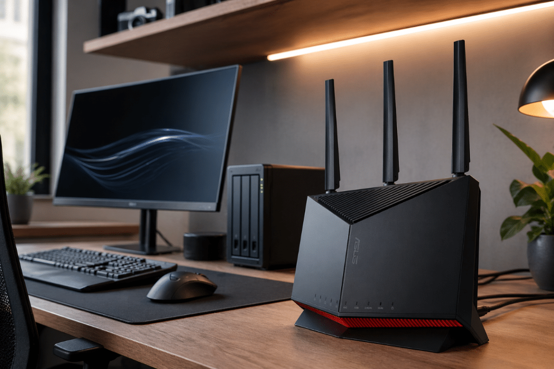 Routeur ASUS RT-BE86U installé dans un bureau domestique moderne avec écran, NAS et réseau local rapide