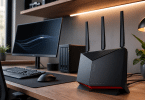 Routeur ASUS RT-BE86U installé dans un bureau domestique moderne avec écran, NAS et réseau local rapide