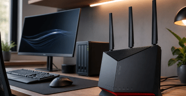 Routeur ASUS RT-BE86U installé dans un bureau domestique moderne avec écran, NAS et réseau local rapide
