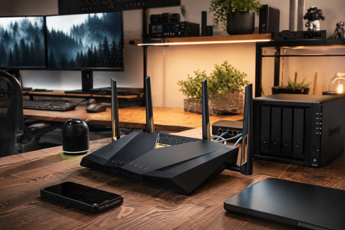 Routeur ASUS RT-BE88U installé dans un bureau domestique avancé avec NAS, écran et réseau local rapide