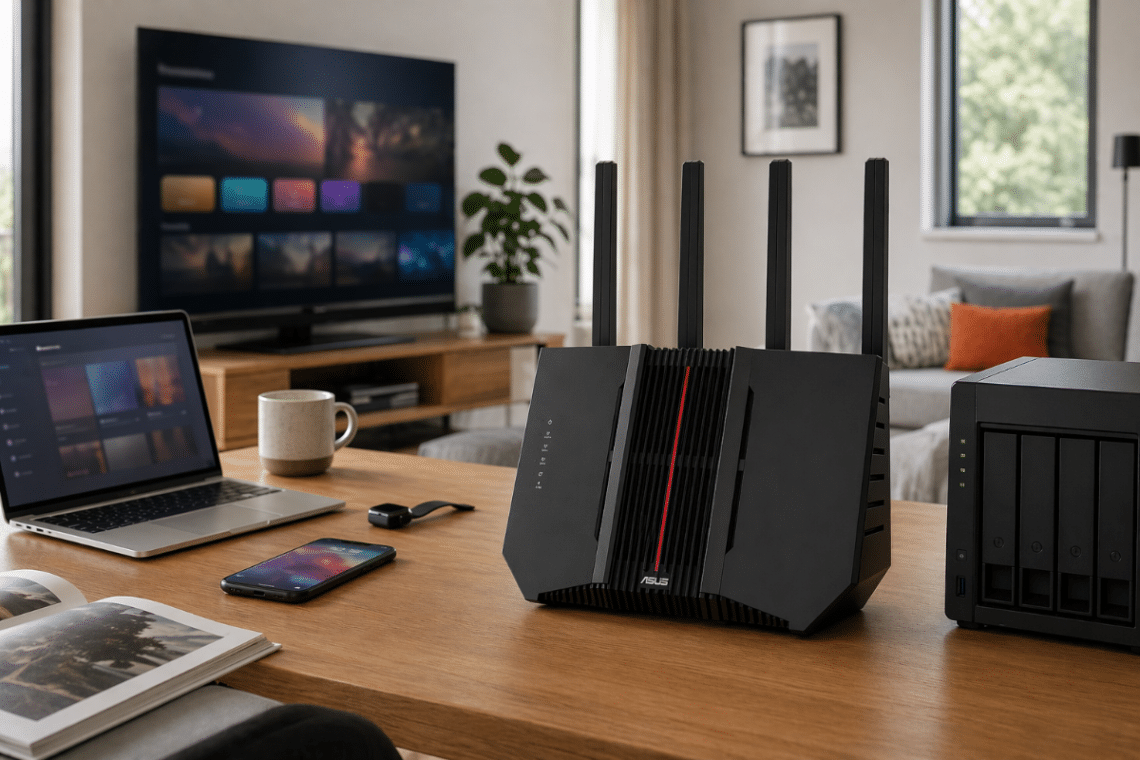 Routeur ASUS RT-BE92U installé sur un bureau dans un intérieur moderne très connecté, avec TV, ordinateur portable, smartphone et stockage réseau