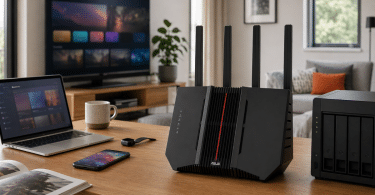 Routeur ASUS RT-BE92U installé sur un bureau dans un intérieur moderne très connecté, avec TV, ordinateur portable, smartphone et stockage réseau