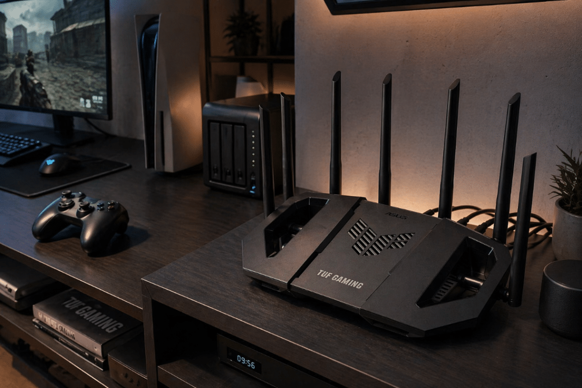 Routeur ASUS TUF Gaming BE6500 installé dans un bureau gaming domestique moderne
