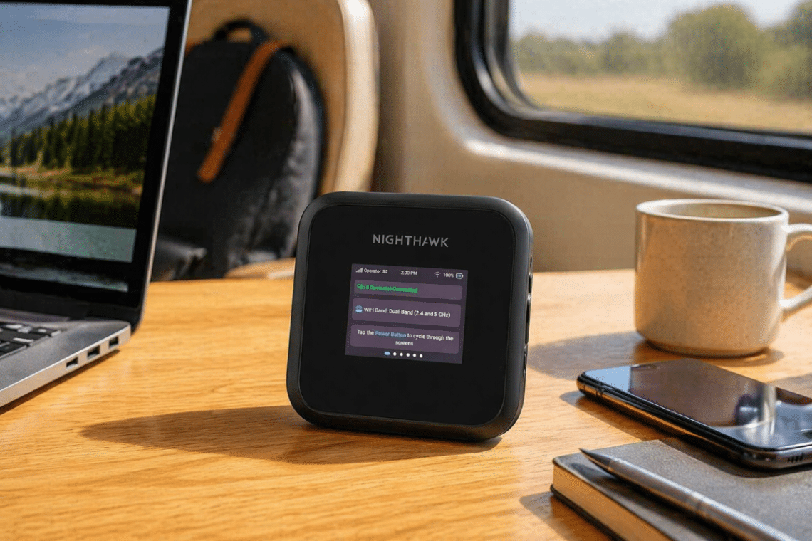 Routeur mobile NETGEAR Nighthawk M3 posé sur une table en bois à côté d’un ordinateur portable, d’un smartphone, d’un carnet et d’une tasse