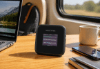 Routeur mobile NETGEAR Nighthawk M3 posé sur une table en bois à côté d’un ordinateur portable, d’un smartphone, d’un carnet et d’une tasse