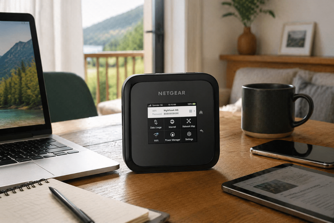 Routeur mobile NETGEAR Nighthawk M6 posé sur une table en bois à côté d’un ordinateur portable, d’un smartphone, d’une tablette, d’un carnet et d’une tasse