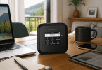 Routeur mobile NETGEAR Nighthawk M6 posé sur une table en bois à côté d’un ordinateur portable, d’un smartphone, d’une tablette, d’un carnet et d’une tasse