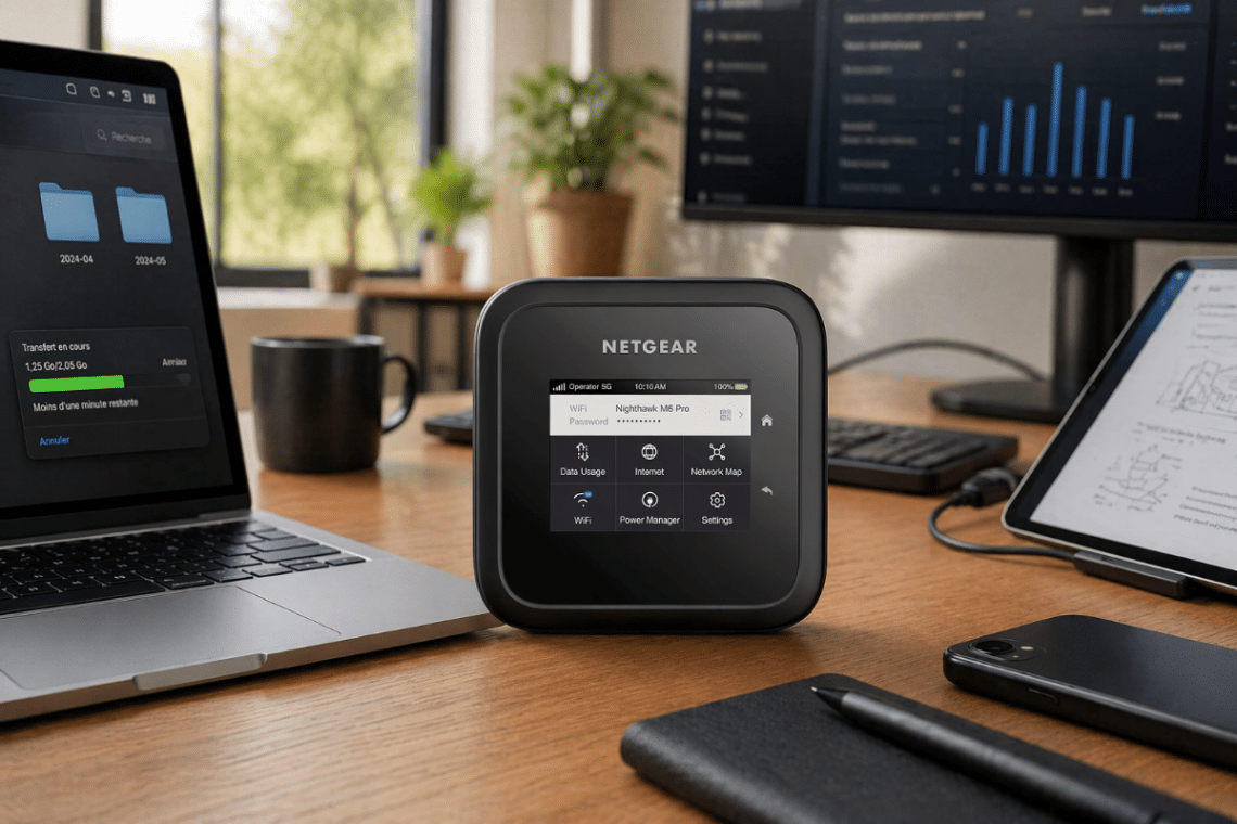 Routeur mobile 5G NETGEAR Nighthawk M6 Pro posé sur un bureau de travail avec ordinateur, écran et tablette