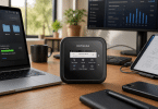 Routeur mobile 5G NETGEAR Nighthawk M6 Pro posé sur un bureau de travail avec ordinateur, écran et tablette