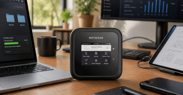 Routeur mobile 5G NETGEAR Nighthawk M6 Pro posé sur un bureau de travail avec ordinateur, écran et tablette