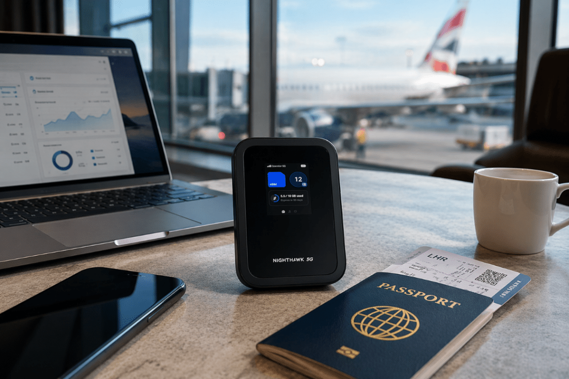 Routeur mobile 5G NETGEAR Nighthawk M7 (MH7150) utilisé dans un espace de voyage pour connecter facilement plusieurs appareils en déplacement