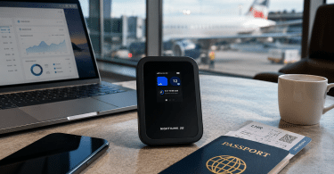 Routeur mobile 5G NETGEAR Nighthawk M7 (MH7150) utilisé dans un espace de voyage pour connecter facilement plusieurs appareils en déplacement