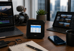 Routeur mobile 5G NETGEAR Nighthawk M7 Pro posé sur un bureau avec ordinateur, tablette et smartphone dans un environnement de travail premium
