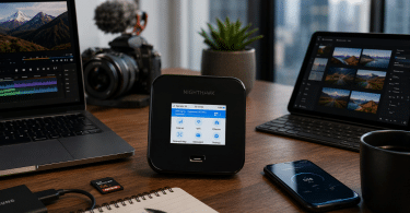Routeur mobile 5G NETGEAR Nighthawk M7 Pro posé sur un bureau avec ordinateur, tablette et smartphone dans un environnement de travail premium