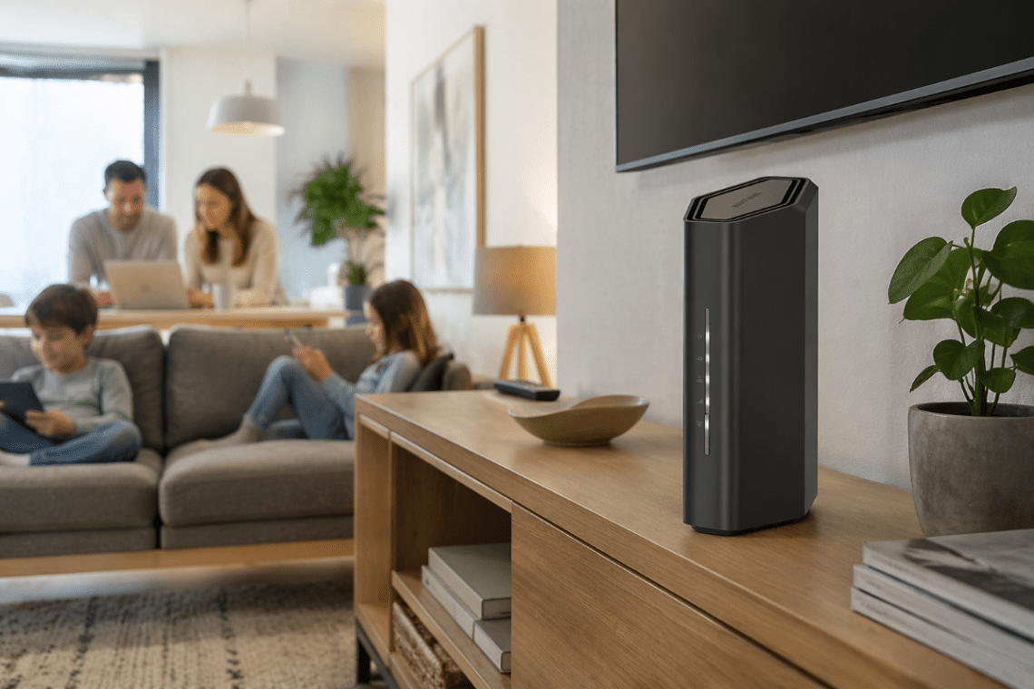 Routeur WiFi 7 NETGEAR Nighthawk RS100 posé sur un meuble TV dans un salon lumineux