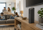Routeur WiFi 7 NETGEAR Nighthawk RS100 posé sur un meuble TV dans un salon lumineux