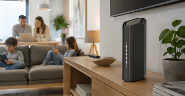 Routeur WiFi 7 NETGEAR Nighthawk RS100 posé sur un meuble TV dans un salon lumineux
