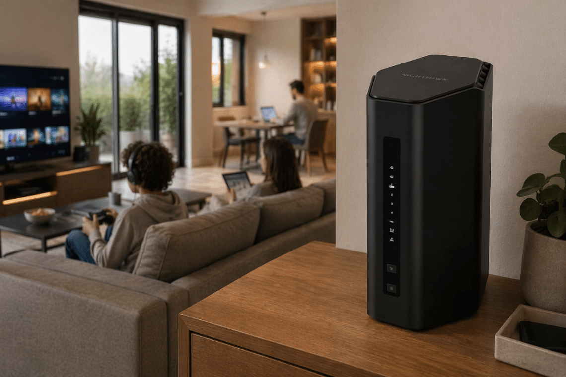 Routeur WiFi 7 NETGEAR Nighthawk RS200 posé dans une pièce de vie moderne, pensé pour le streaming, le télétravail et plusieurs appareils connectés à la maison