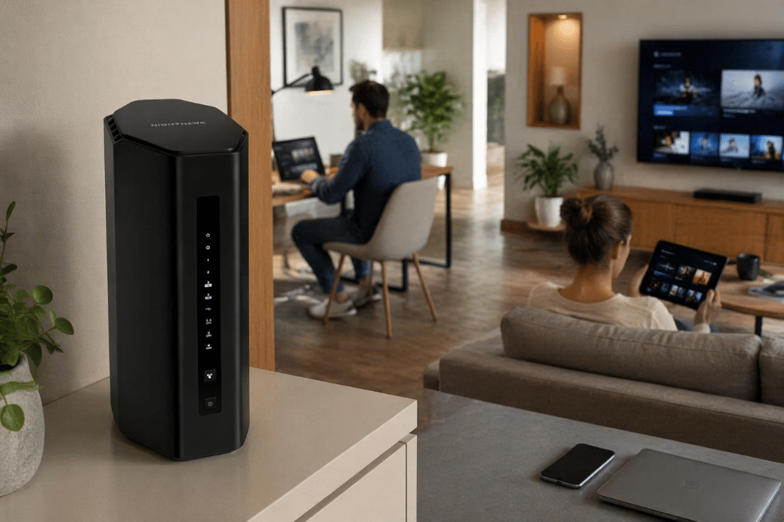 Routeur NETGEAR Nighthawk RS300 installé dans une maison moderne, pensé pour le télétravail, le streaming et plusieurs usages connectés en même temps