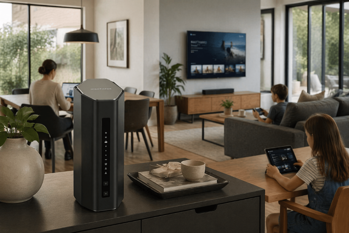 Routeur NETGEAR Nighthawk RS500 installé dans une grande pièce de vie moderne, pour le télétravail, le streaming et de nombreux appareils connectés