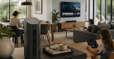 Routeur NETGEAR Nighthawk RS500 installé dans une grande pièce de vie moderne, pour le télétravail, le streaming et de nombreux appareils connectés