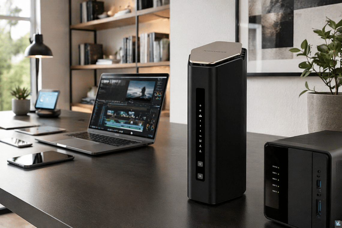 Routeur WiFi 7 NETGEAR Nighthawk RS600 posé sur un bureau dans un grand espace de travail domestique moderne