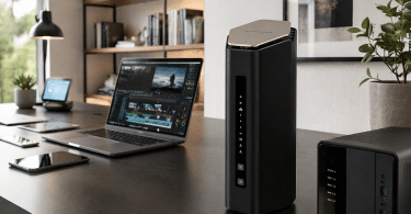 Routeur WiFi 7 NETGEAR Nighthawk RS600 posé sur un bureau dans un grand espace de travail domestique moderne