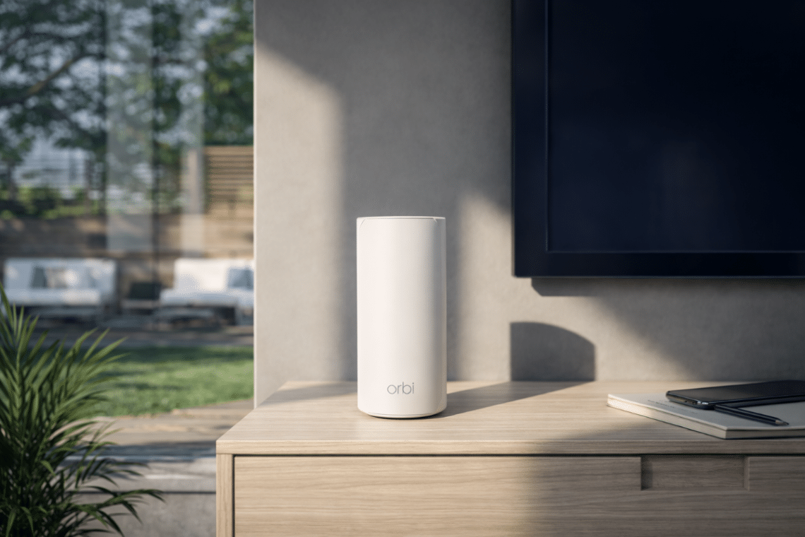 Système WiFi mesh NETGEAR Orbi RBE773 posé sur un meuble dans un salon lumineux