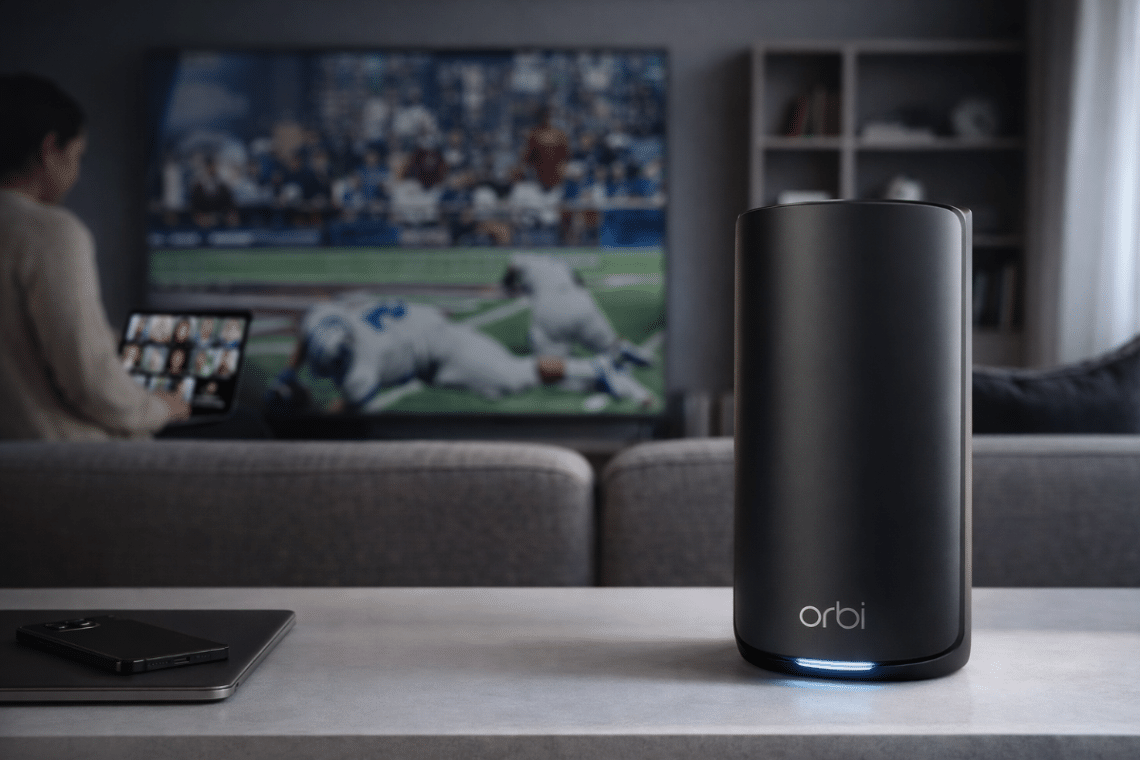 Routeur NETGEAR Orbi RBE873B en situation dans un salon moderne