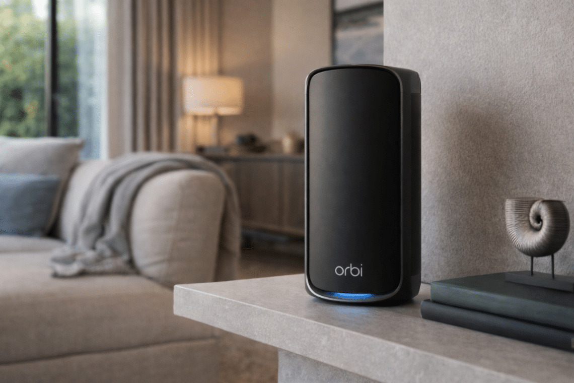 Une borne NETGEAR Orbi RBE973SB posée sur un meuble dans un salon lumineux.