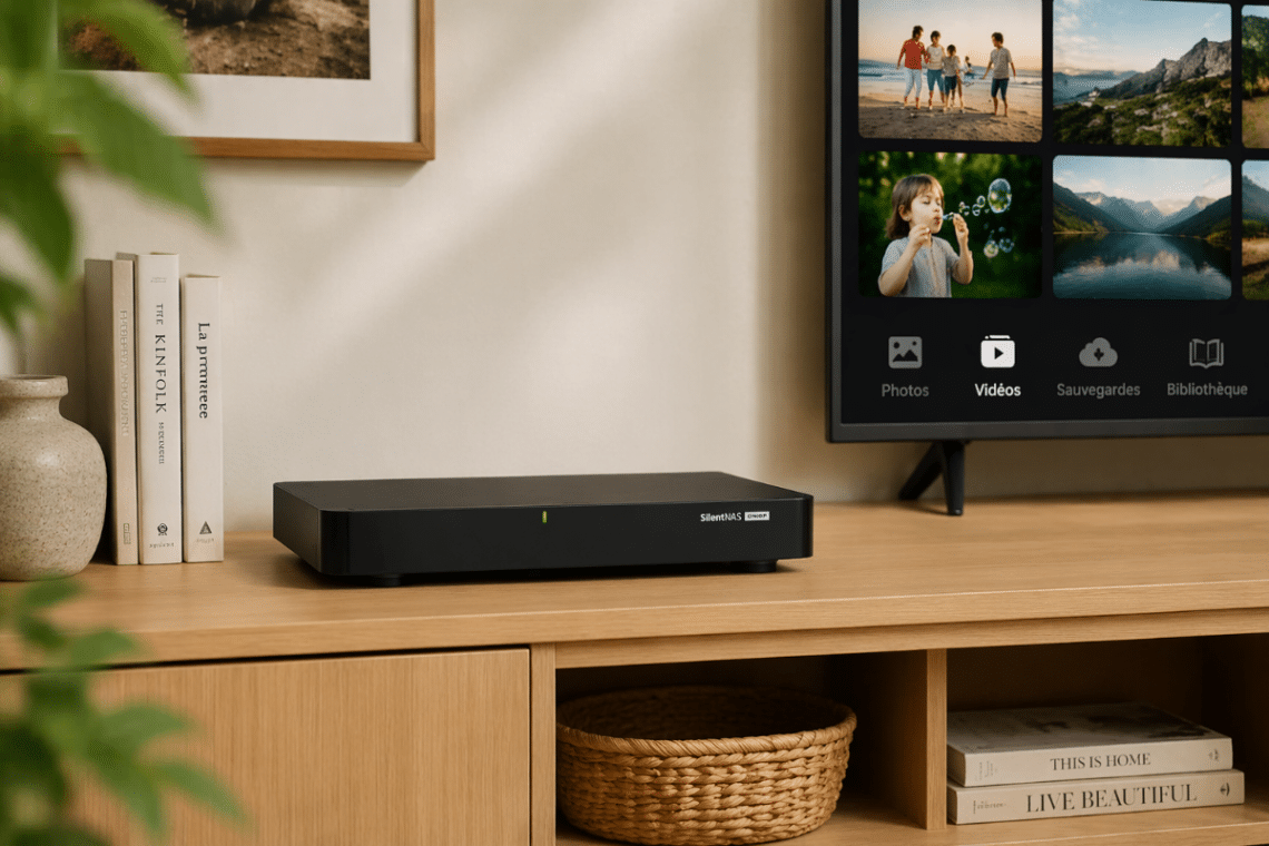 QNAP HS-264-8G posé sur un meuble TV dans un salon, pour photos, vidéos et sauvegardes familiales