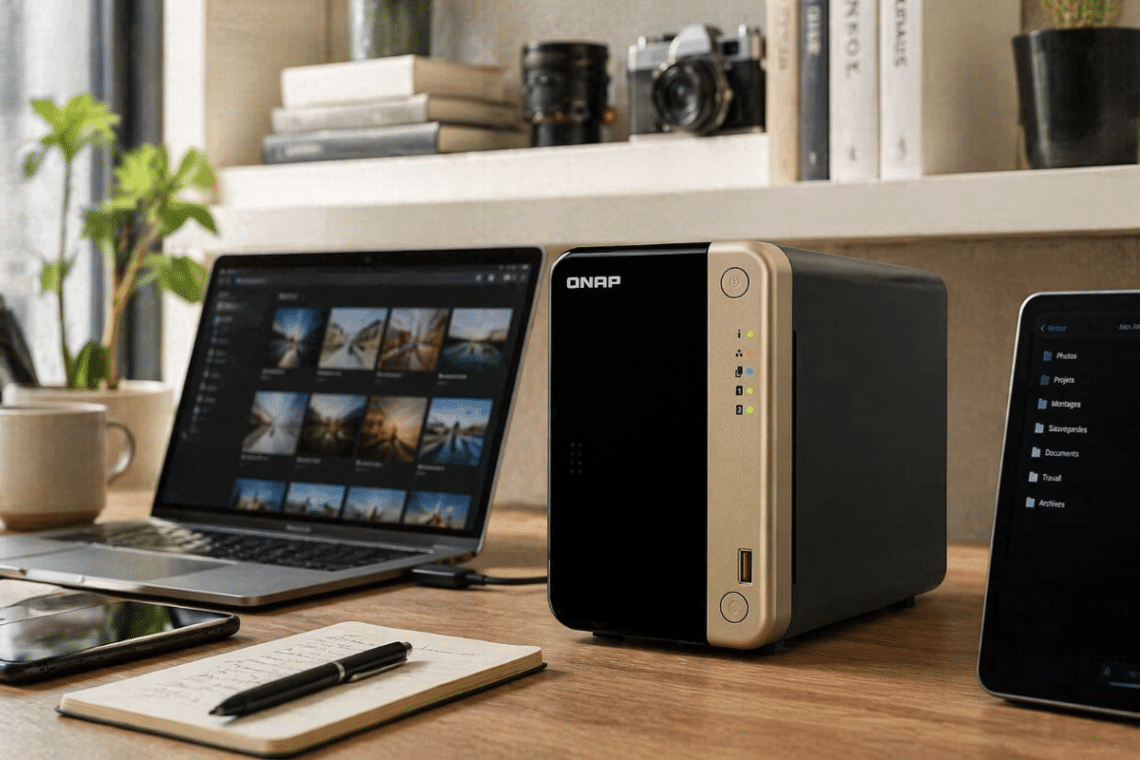 NAS QNAP TS-264-8G posé sur un bureau personnel moderne avec ordinateur portable et espace de travail organisé