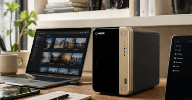 NAS QNAP TS-264-8G posé sur un bureau personnel moderne avec ordinateur portable et espace de travail organisé