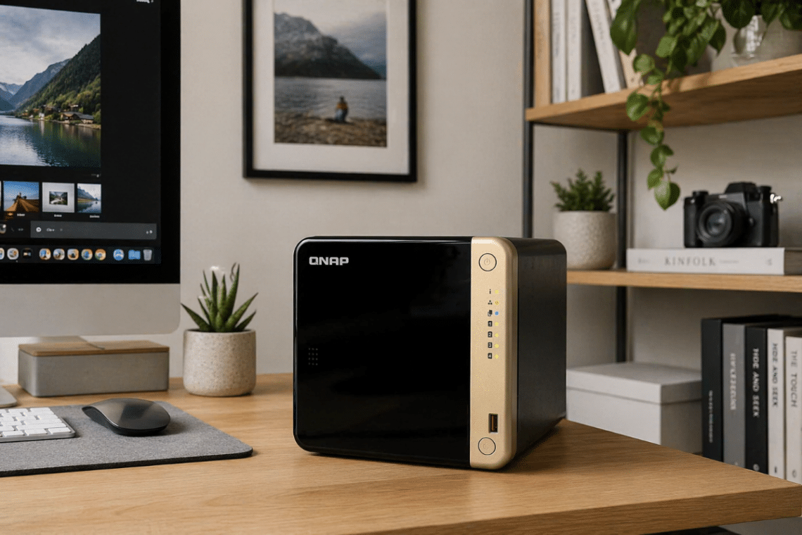 NAS QNAP TS-464-8G posé sur un bureau domestique lumineux et bien organisé, dans un espace pensé pour les photos, vidéos, sauvegardes et le stockage partagé