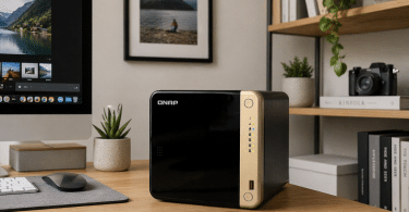 NAS QNAP TS-464-8G posé sur un bureau domestique lumineux et bien organisé, dans un espace pensé pour les photos, vidéos, sauvegardes et le stockage partagé
