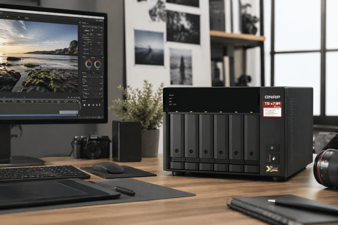 NAS QNAP TS-673A-8G posé sur un bureau de création avec écran, matériel photo et espace de travail organisé