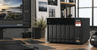 NAS QNAP TS-673A-8G posé sur un bureau de création avec écran, matériel photo et espace de travail organisé