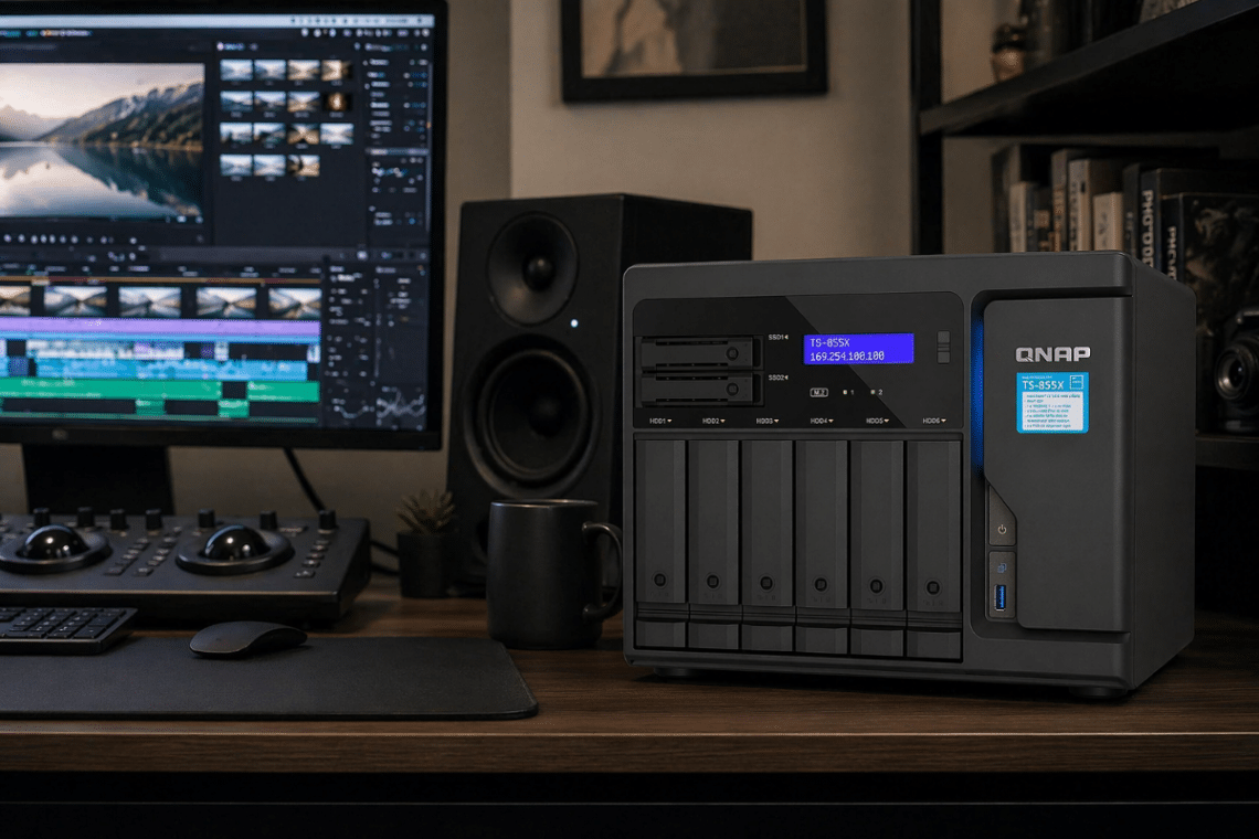 QNAP TS-855X-8G installé dans un bureau premium avec écran de montage, pour le stockage centralisé de gros volumes de données