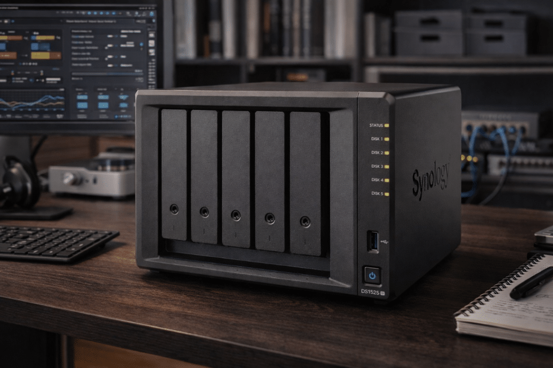 Synology DiskStation DS1525+ posé sur un bureau structuré dans un environnement de travail