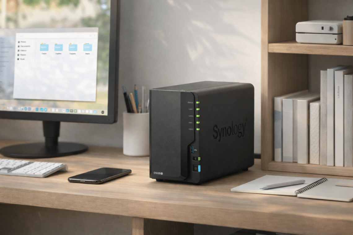 Synology DiskStation DS225+ posé sur un bureau dans un petit espace de travail lumineux et bien rangé