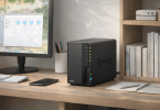 Synology DiskStation DS225+ posé sur un bureau dans un petit espace de travail lumineux et bien rangé