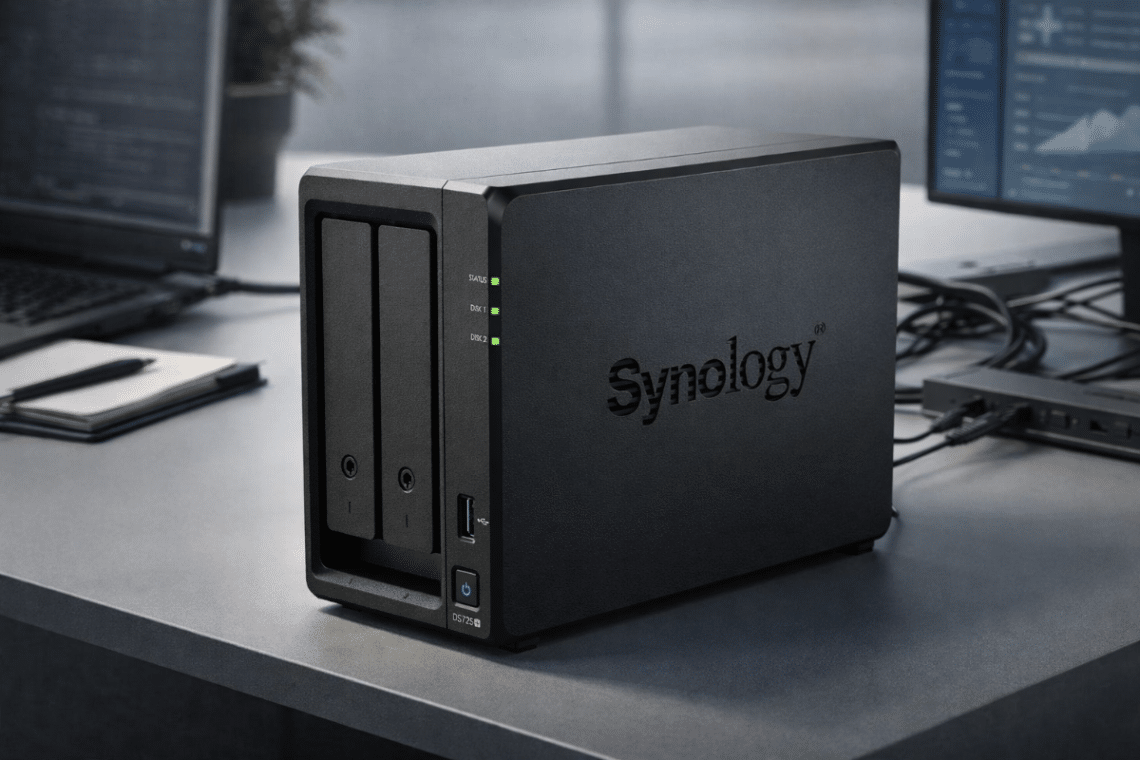 Synology DiskStation DS725+ posé sur un bureau moderne, dans un environnement de travail sobre et réaliste
