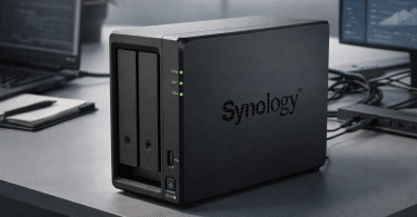 Synology DiskStation DS725+ posé sur un bureau moderne, dans un environnement de travail sobre et réaliste